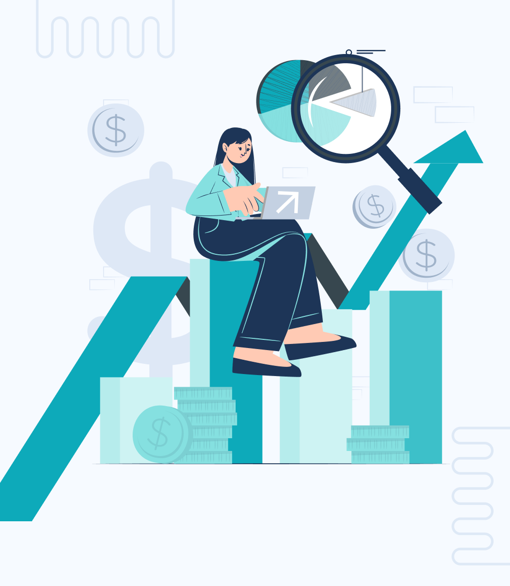 Illustration of a woman analyzing financial data with charts, coins, and arrows symbolizing the concept of Fixed Price contracts in technology.