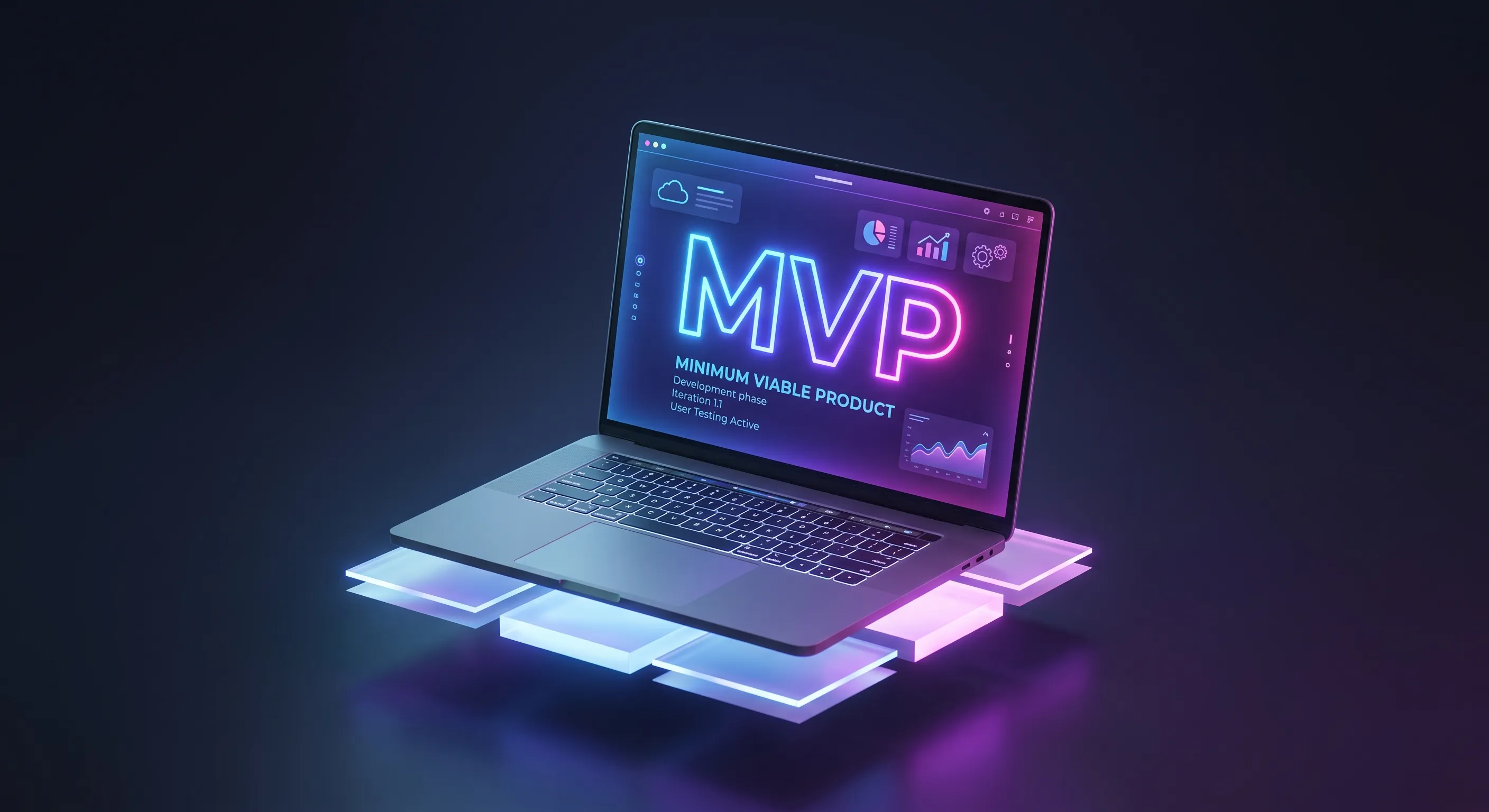 3D illustration of a laptop displaying glowing MVP text, symbolizing minimum viable product development in IT and AI projects.