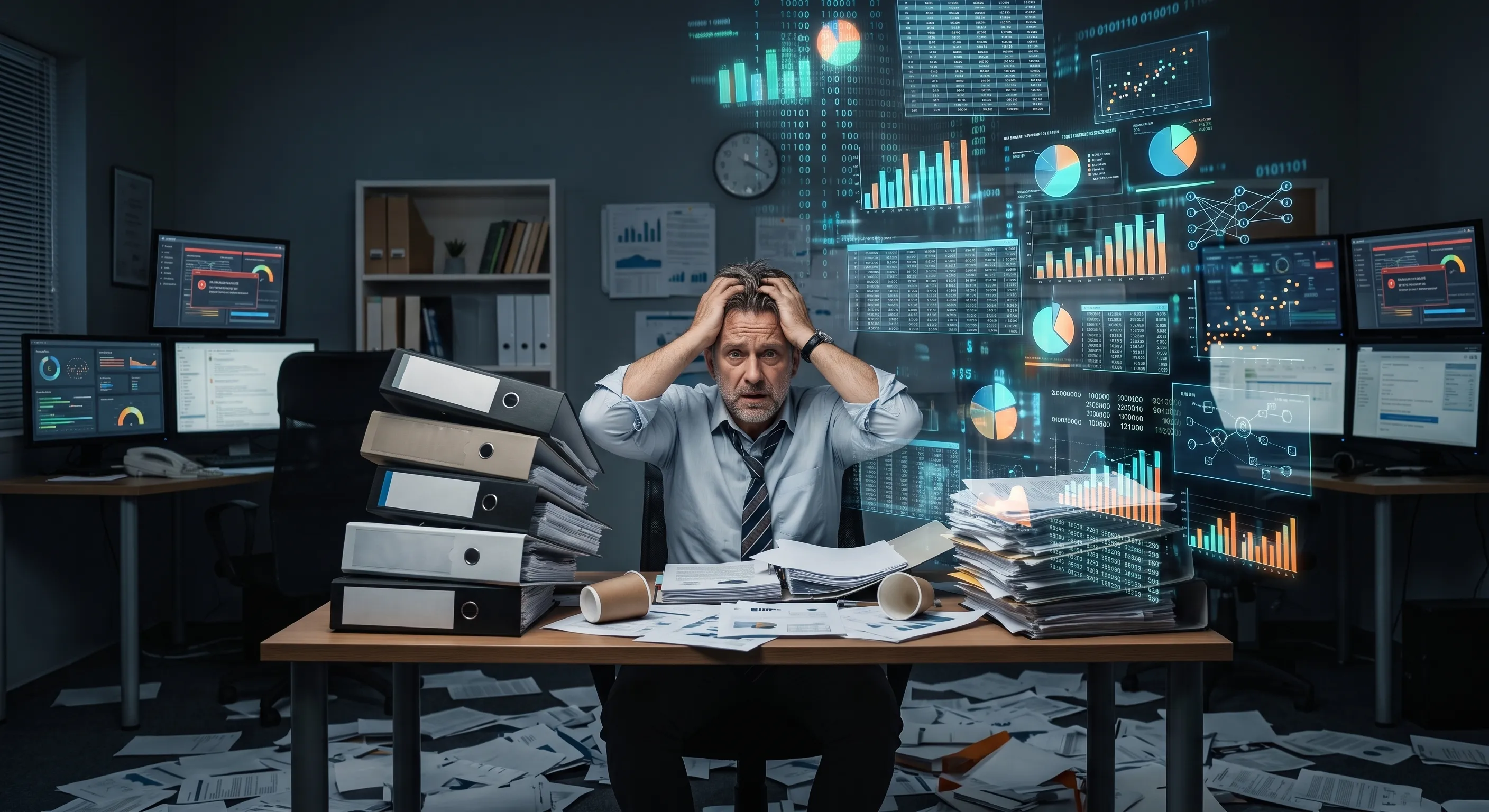 A stressed man at a desk cluttered with documents, surrounded by screens and floating data charts, holding his head in frustration due to information overload.