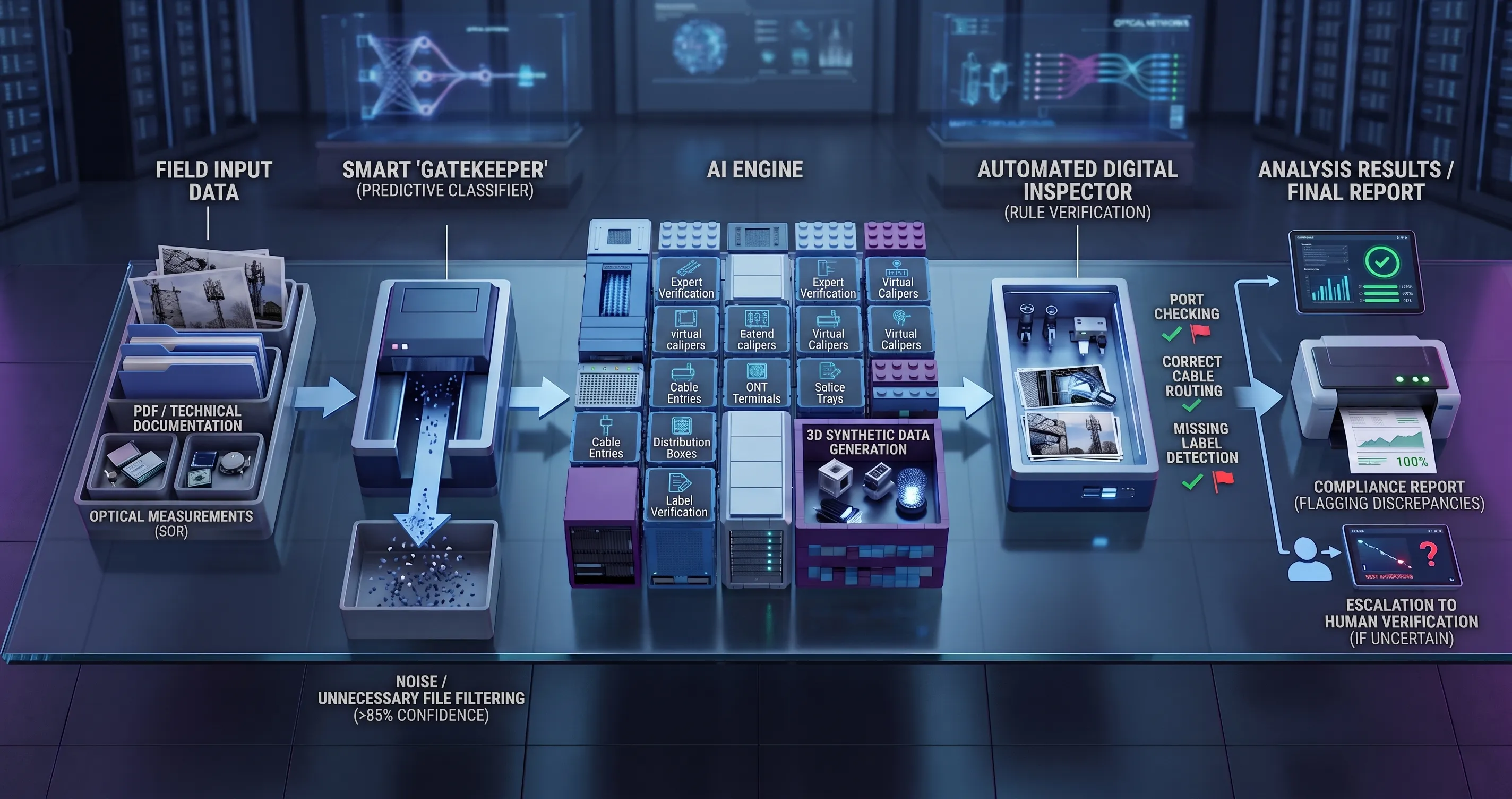 AI process in infographic: Field data passes through filtration, a modular engine, and automated inspection, culminating in the generation of compliance reports.