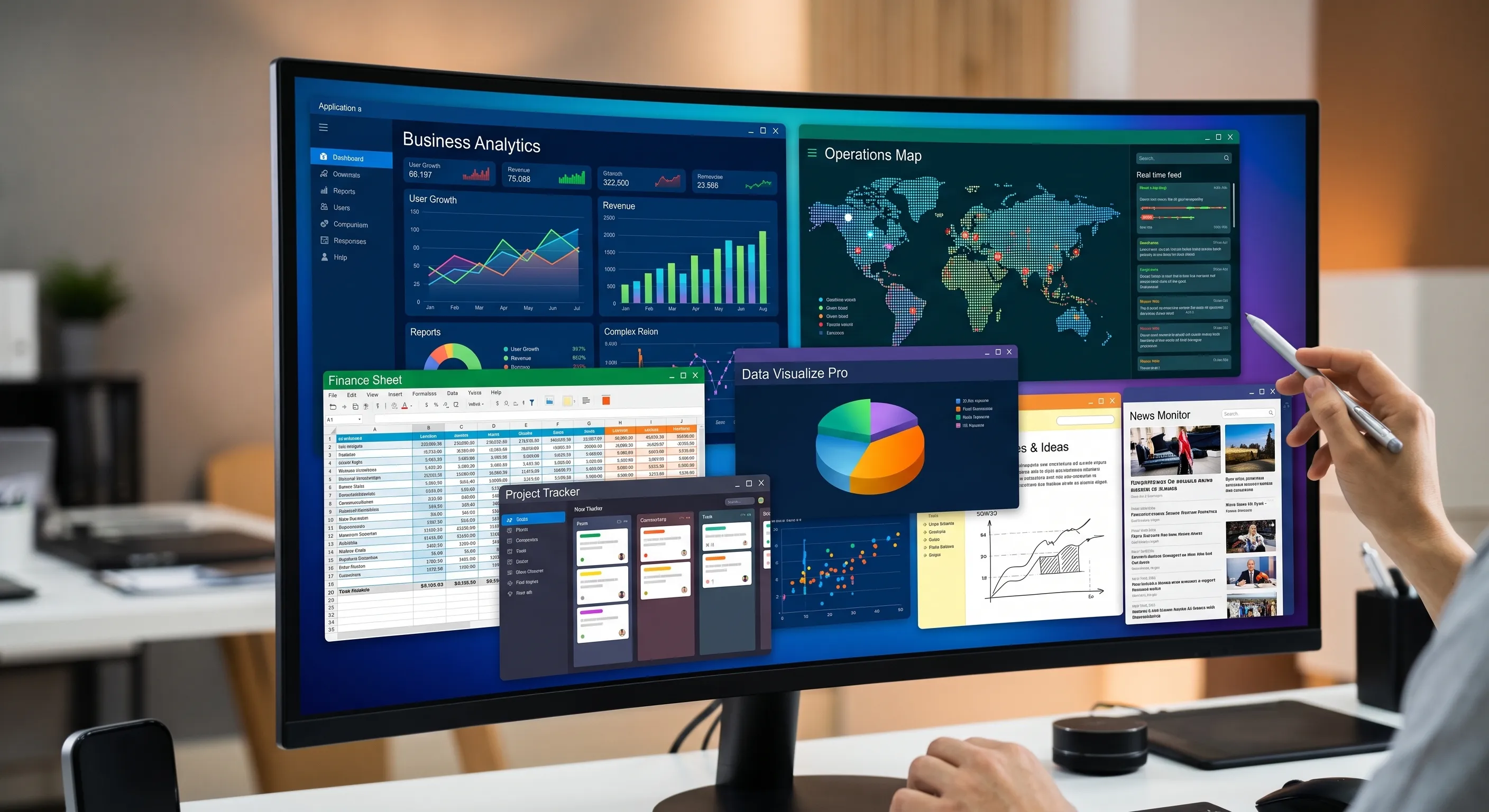 A monitor with several open reports and statistics at once - data is scattered across many applications.