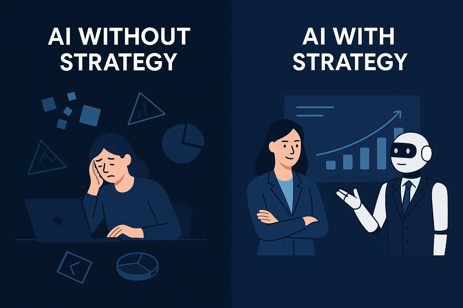Comparison of two AI integration approaches: on the left, disorganized and frustrated employee under "AI without strategy"; on the right, calm businesswoman collaborating with a robot under "AI with strategy", illustrating the benefits of strategic AI implementation.