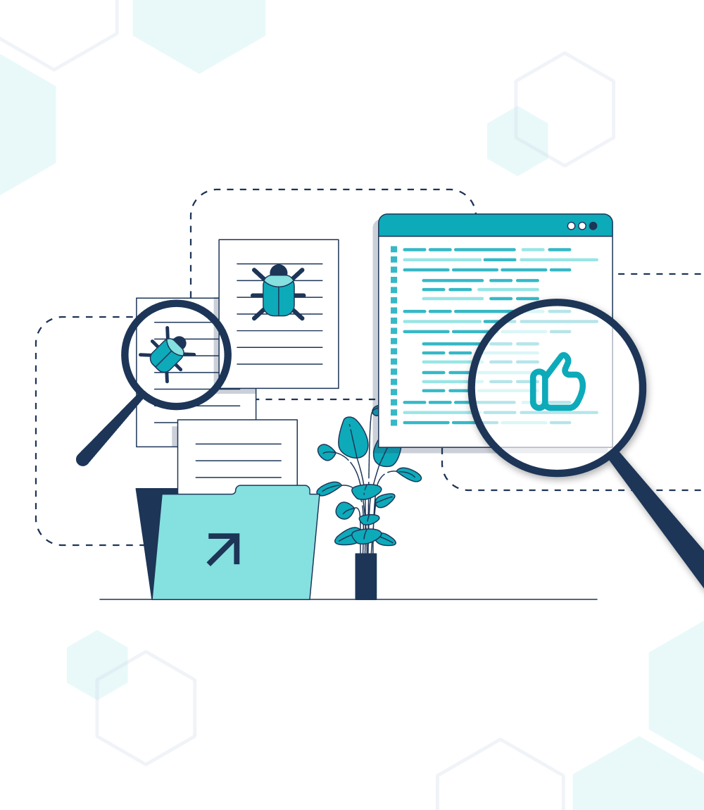 An infographic depicting code review with magnifying glasses inspecting documents and code on a computer screen, emphasizing attention to detail.