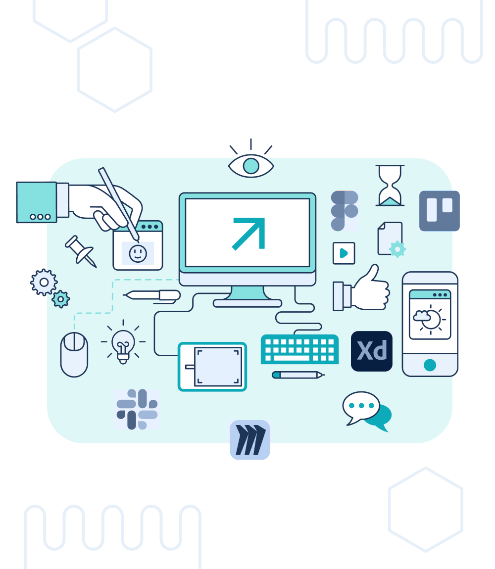 Obraz przedstawiający różne narzędzia, koncepcje i ikony związane z pracą projektanta UX