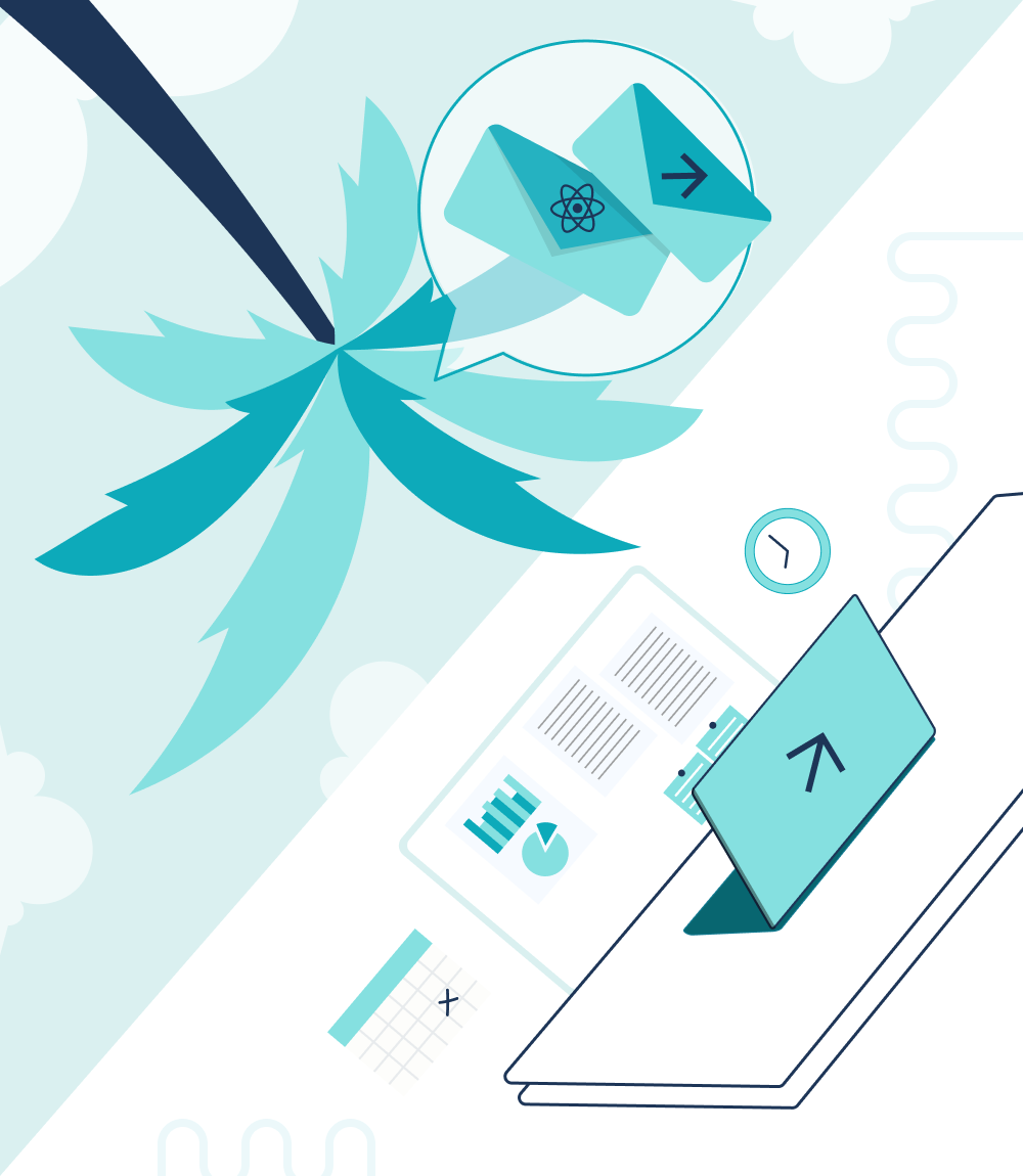An illustration of a remote work setup, with a magnifying glass over an email icon, paperwork, and a plant, symbolizing a work-life balance and workation.