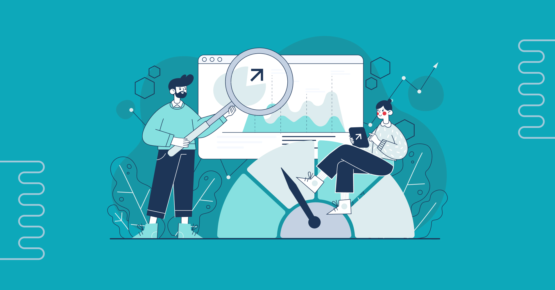 Illustration of two developers analyzing software metrics and performance using AI-powered tools for development optimization, featuring charts and a speedometer. The image highlights AI tools for coding and productivity enhancement.