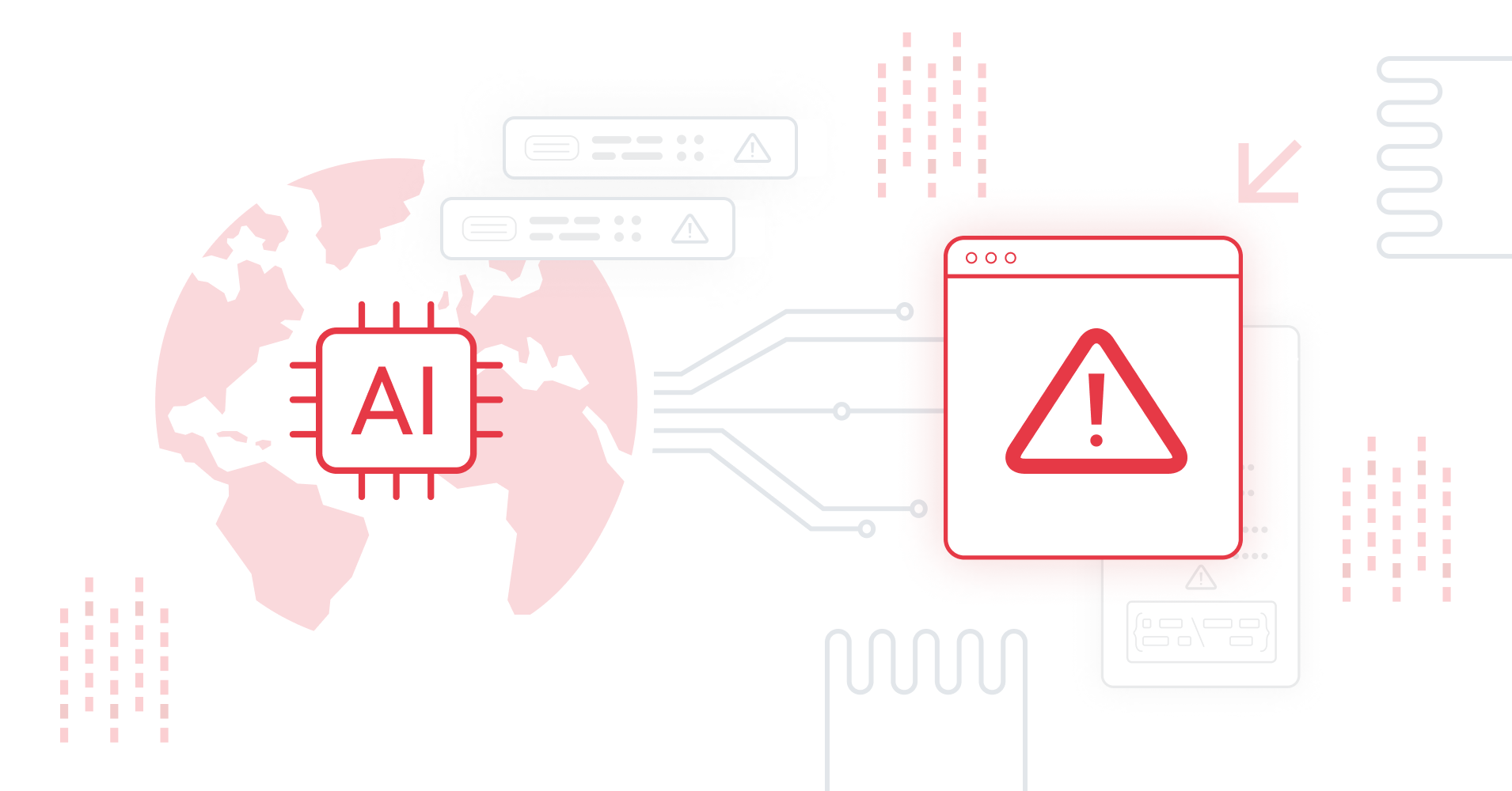 A conceptual image showing AI technology influencing global digital security, with a red AI processor linked to various warning indicators, symbolizing risks associated with artificial intelligence and automation.