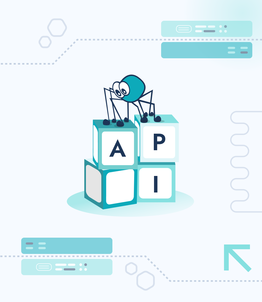 A charming illustration of a cartoon spider standing on letter blocks spelling 'API', signifying approachable and fun API development and integration services.