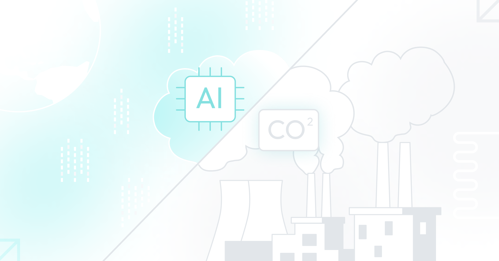 A conceptual image contrasting AI technology with environmental emissions, featuring a microchip symbol for AI and clouds symbolizing CO2 emissions above industrial buildings.