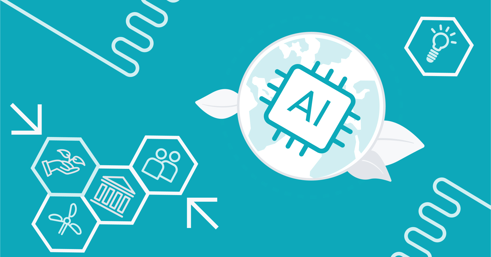 Teal and white illustration depicting AI's role in enhancing corporate social responsibility. Icons highlight renewable energy, governance, social equity, and sustainability, with AI technology symbolized at the center.