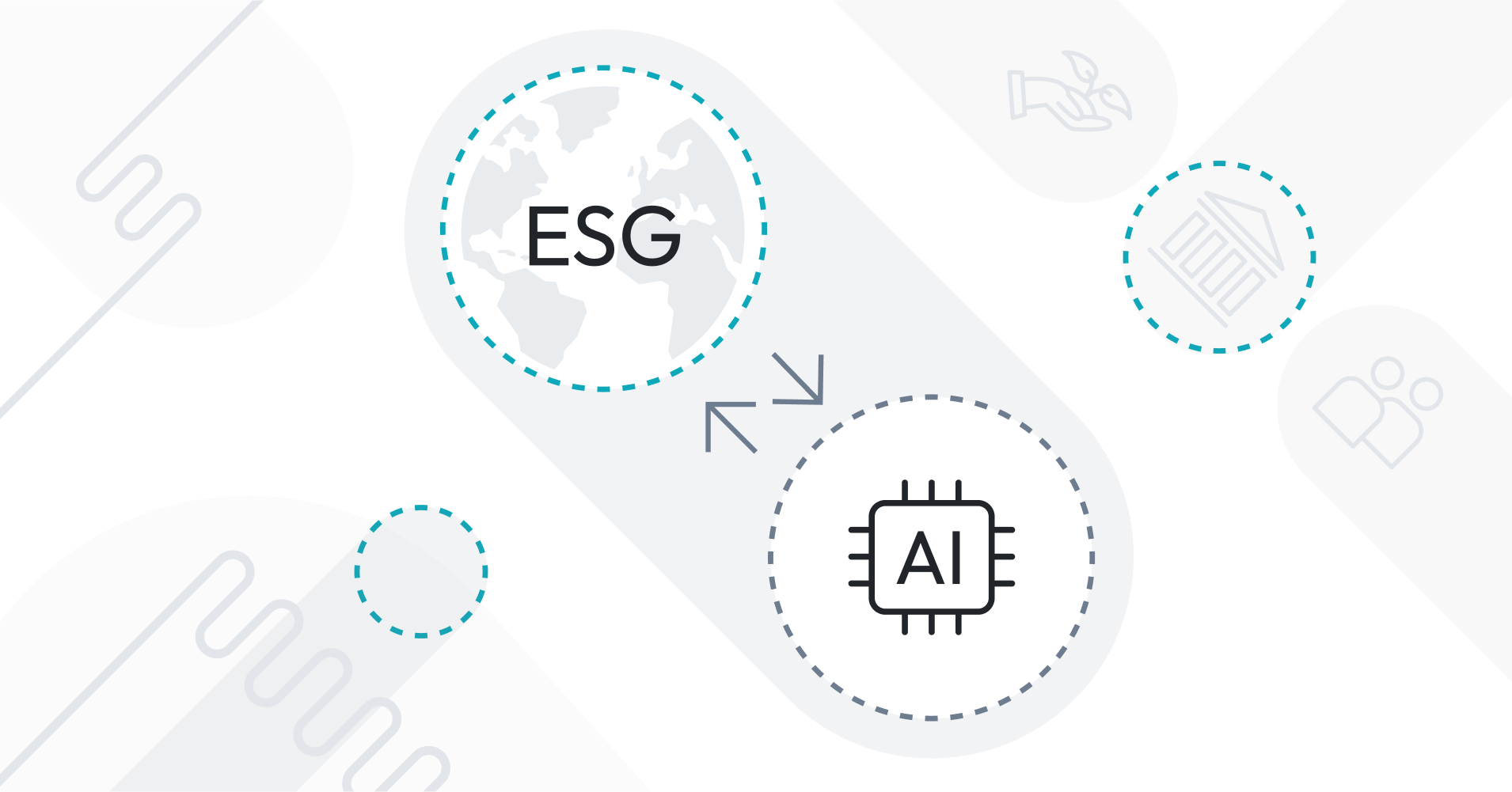 Illustration depicting the intersection of ESG (Environmental, Social, and Governance) and AI (Artificial Intelligence) with world map and AI chip icons connected by arrows.