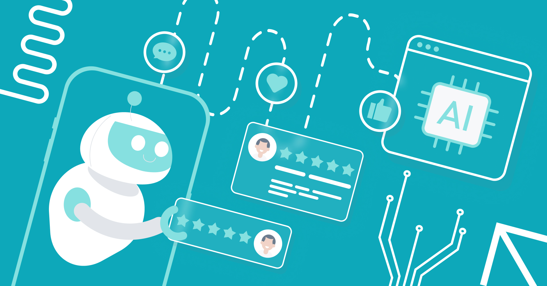 Illustration of an AI-powered chatbot providing customer service insights, with icons representing reviews, chat, and AI integration.