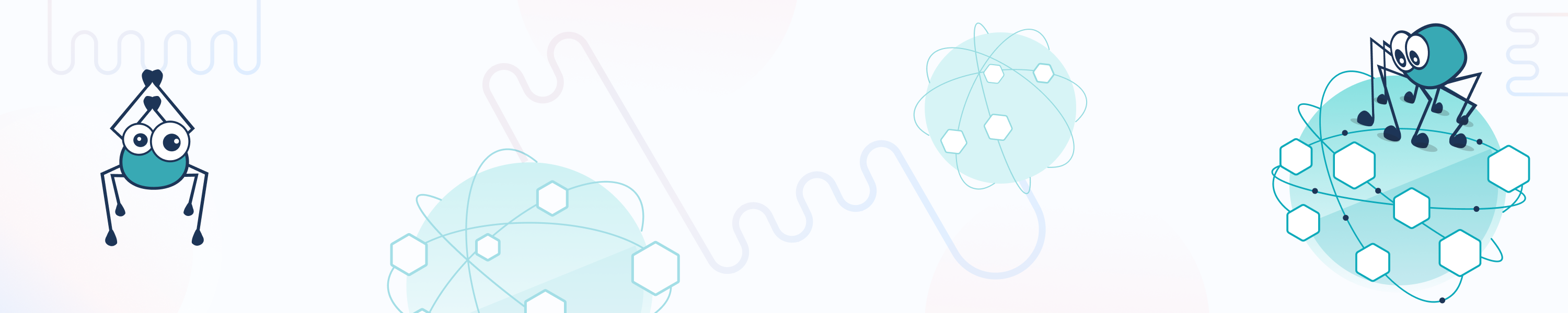 Wide banner showcasing playful tech illustrations, including a quirky spider-like character representing API Platform, over a gentle blue and white background.
