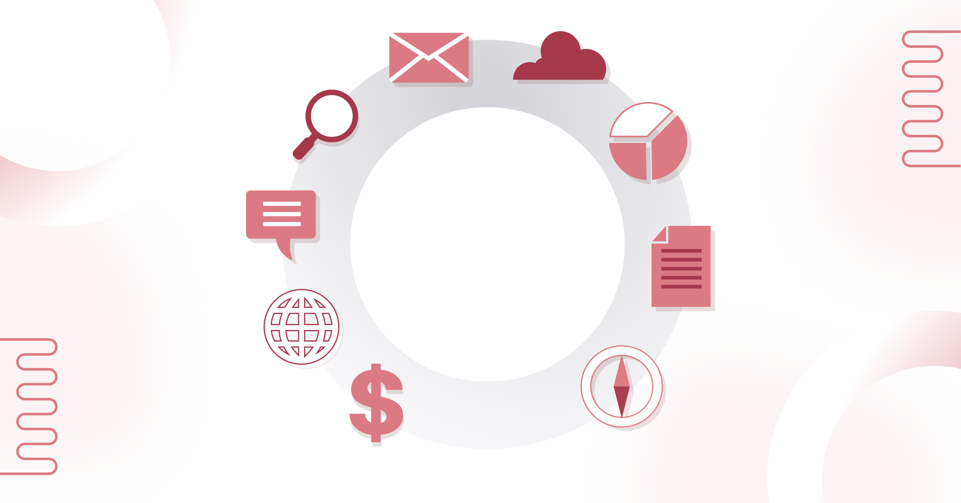 Tech-themed illustration with icons representing various technology and business areas in which Fractional CTO can help, arranged in a circular pattern on a light background.