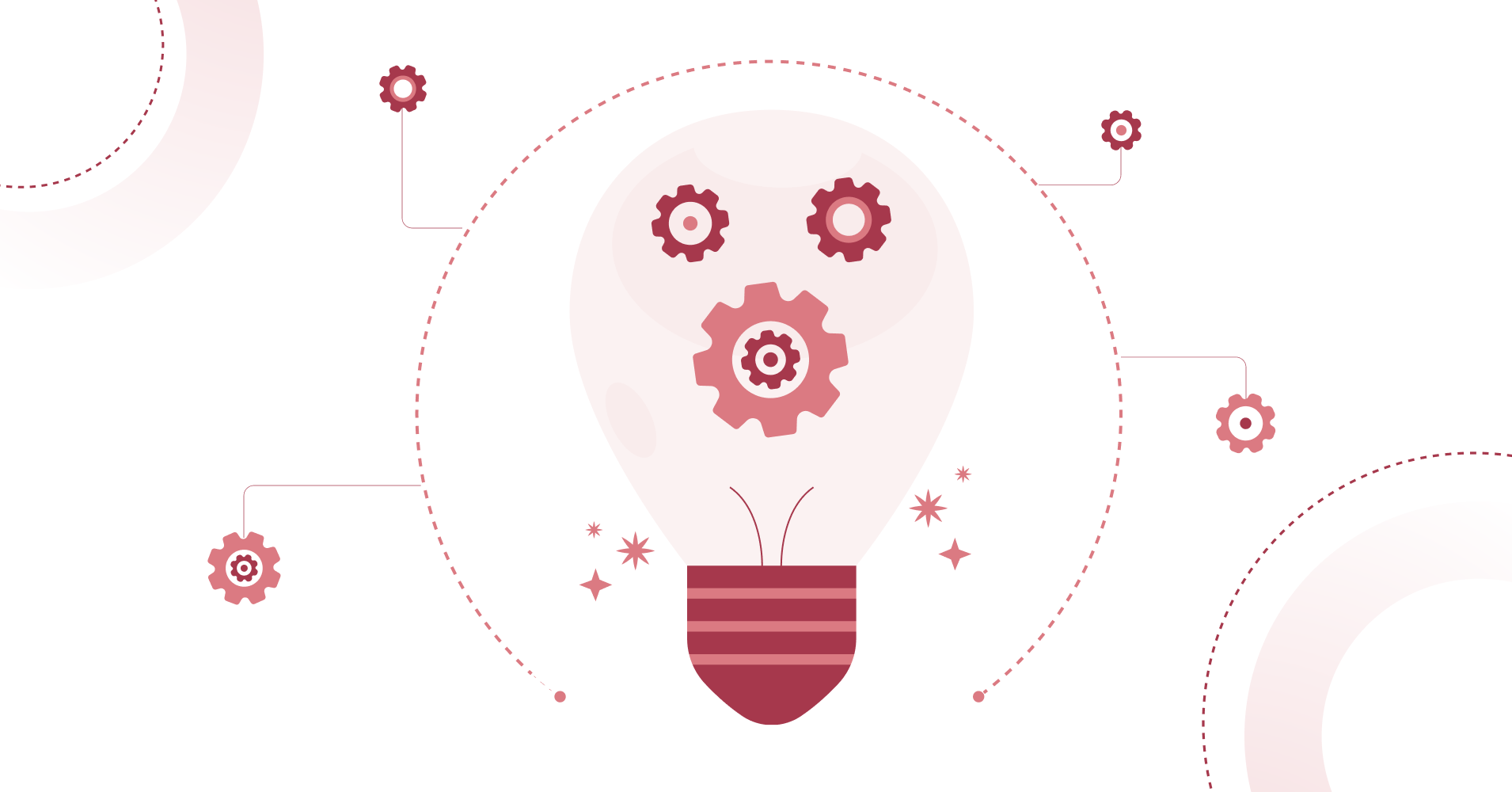 Creative representation of emotional intelligence in the workplace, depicting a light bulb filled with gears, connected by pathways in a pink themed background, illustrating the concept of innovative thinking and problem-solving