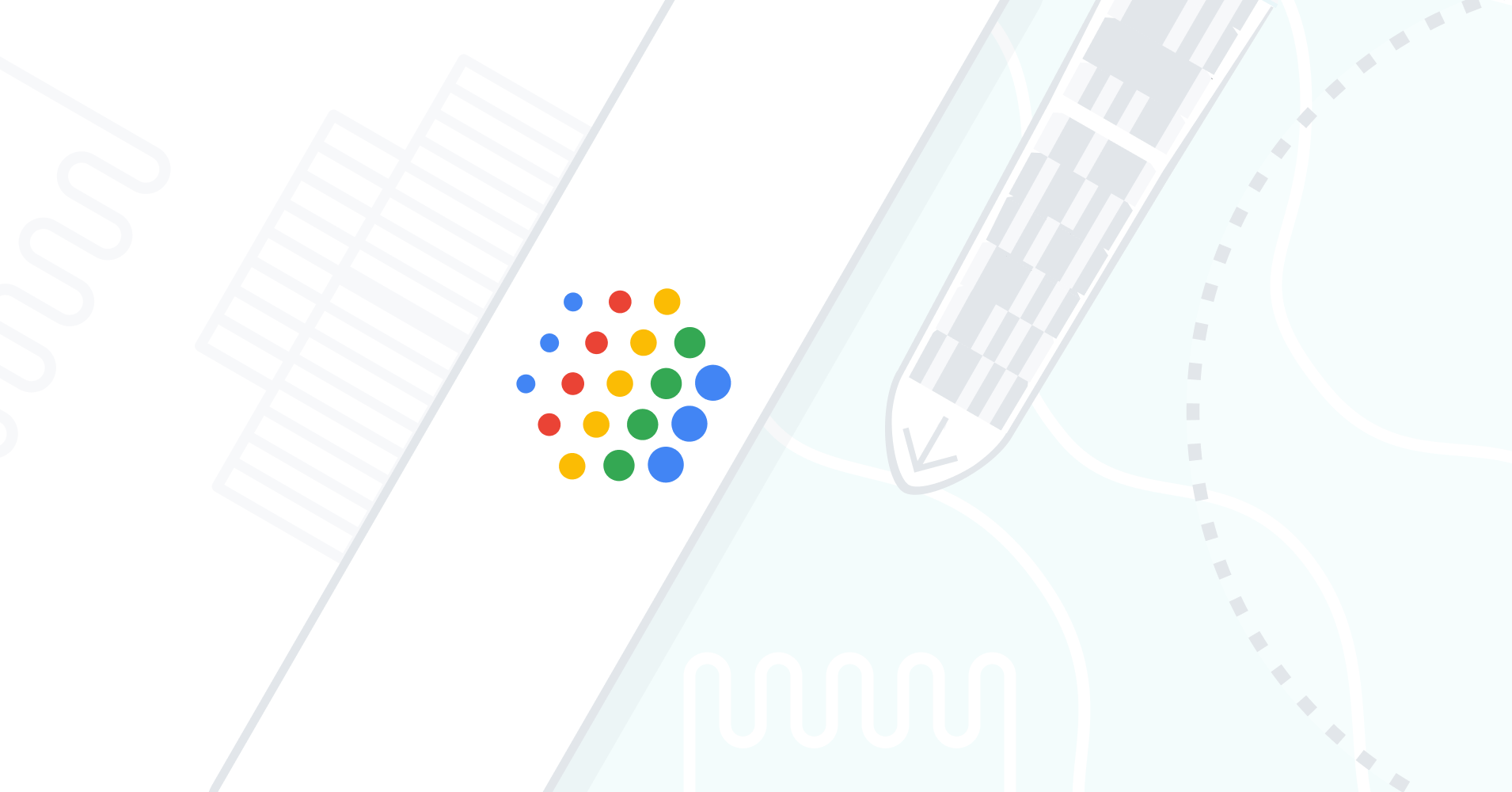 Google AI preview image with colorful dots symbolizing data points in the center, surrounded by abstract depictions of laboratory tools, ships, and infrastructure.