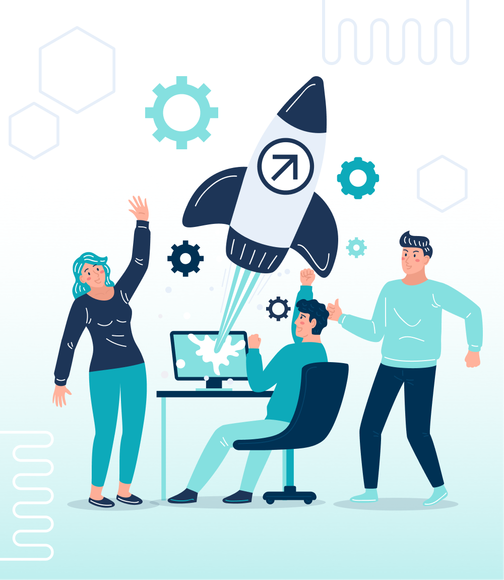 Illustration of a team dealing with legacy code, featuring three people collaborating with gears and a rocket launching from a computer, symbolizing strategies for handling legacy code effectively.