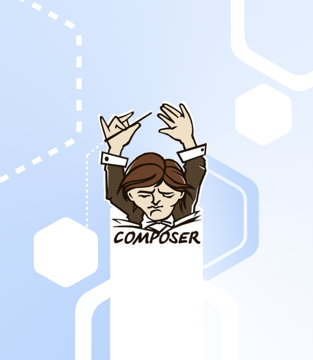 Close-up of a graphic illustration representing the PHP package manager, Composer, shown as a conductor cartoon character against a light blue background with hexagonal and circular shapes, symbolizing the structured and modular nature of coding.