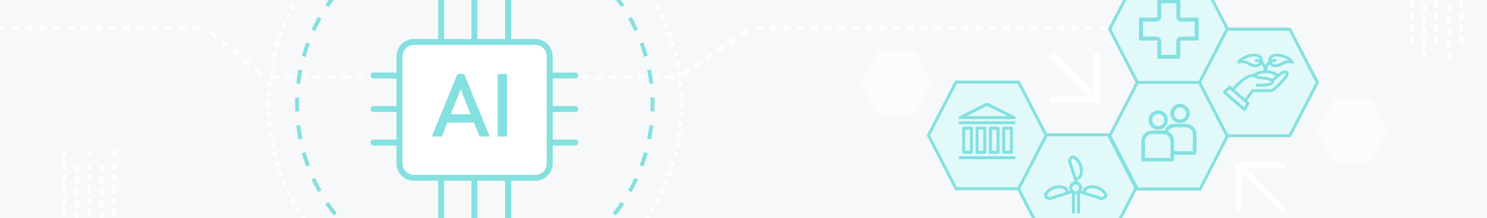 Abstract illustration of ethical AI with a chip icon and hexagonal symbols representing healthcare, renewable energy, social responsibility, and governance. Light blue on a white background.