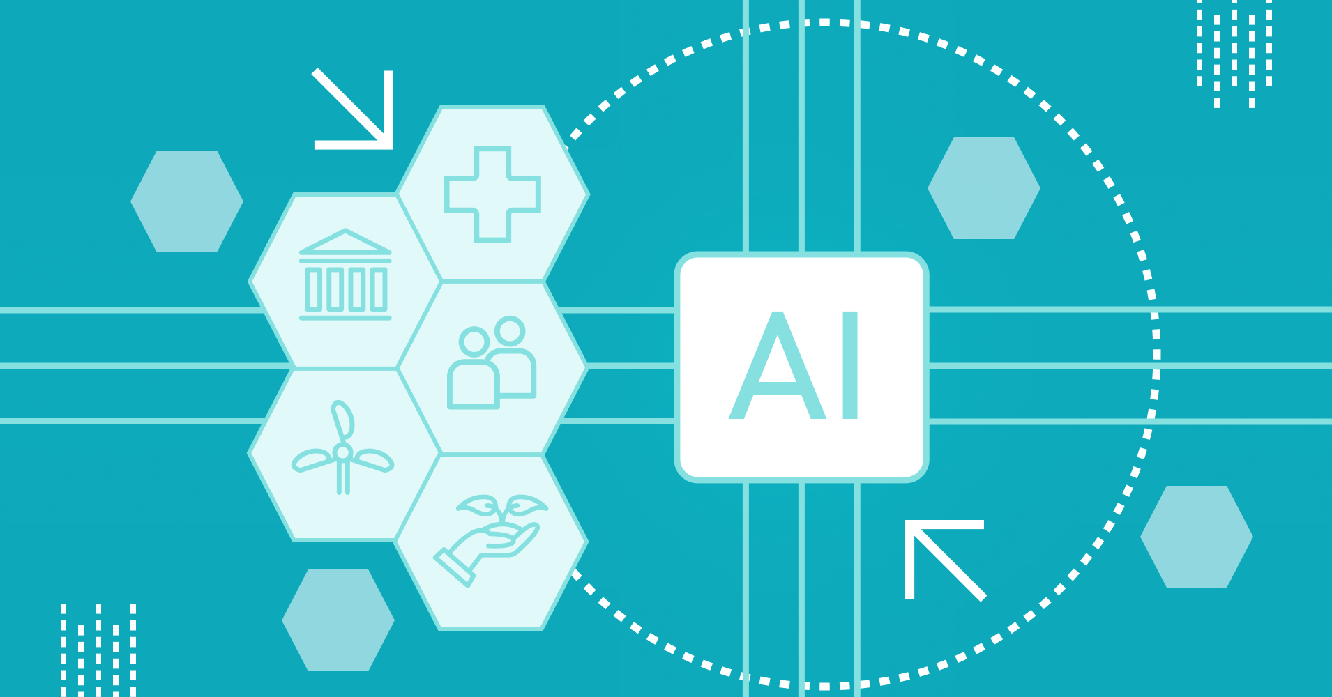 Bright illustration of ethical AI integration, showcasing a chip icon connected to symbols of healthcare, sustainability, governance, and social impact. Teal background with light blue accents.