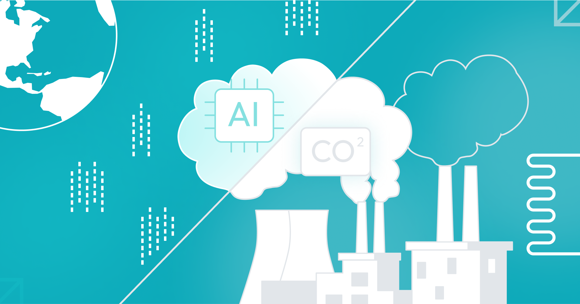 A conceptual image contrasting AI technology with environmental emissions, featuring a microchip symbol for AI and clouds symbolizing CO2 emissions above industrial buildings.