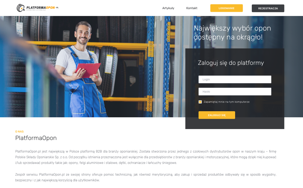 A monitor displaying a web page with a vibrant orange and white color scheme, featuring 'PLATFORMAOPON.PL' at the top left corner. The webpage includes a photo of a smiling worker in blue overalls holding a clipboard, standing in a warehouse with stacks of tires. Below is more Polish text providing information about the platform.