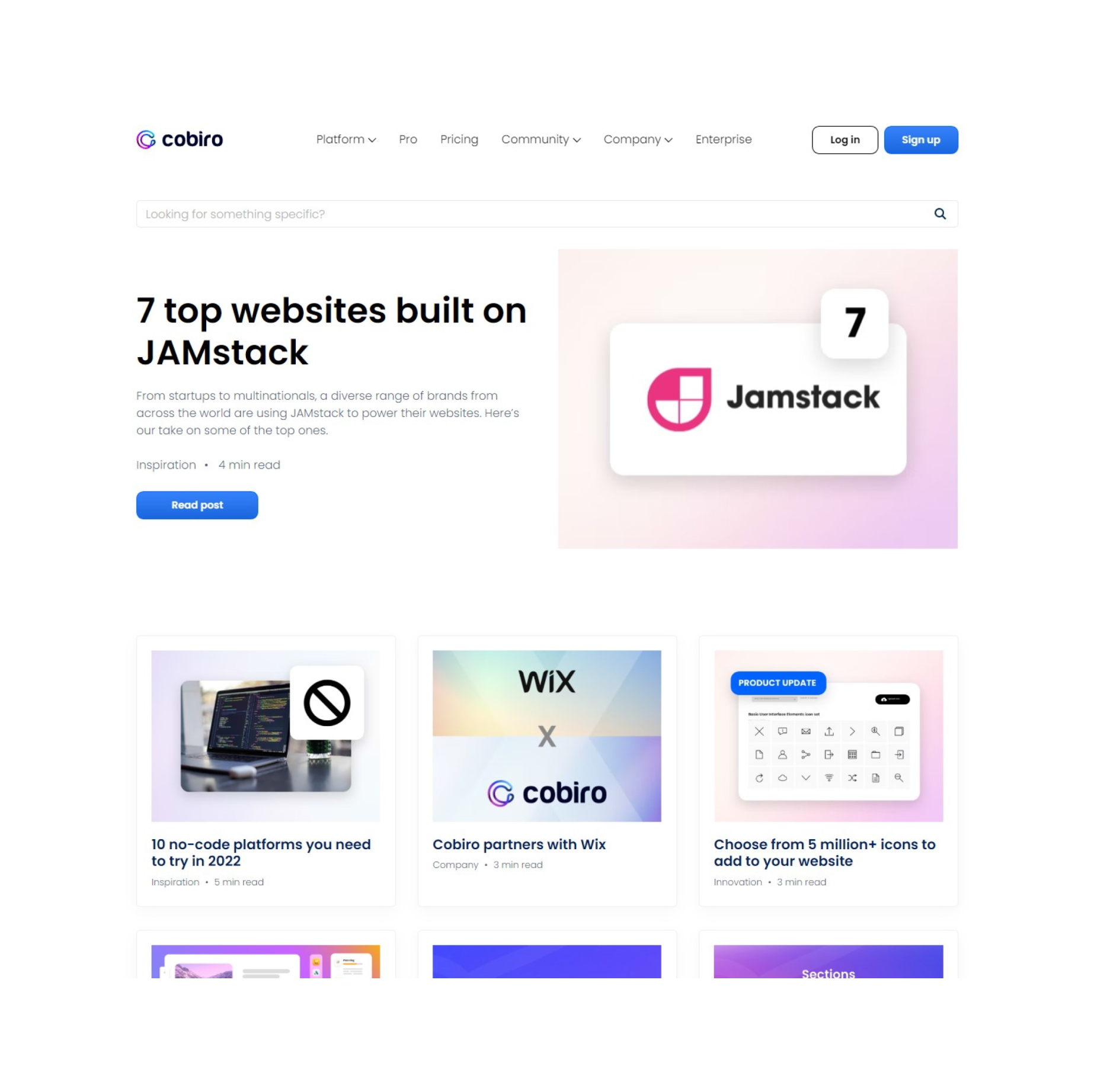 Content from Cobiro's website highlighting a blog post titled '7 top websites built on JAMstack' and other featured articles on tech platforms and partnerships.