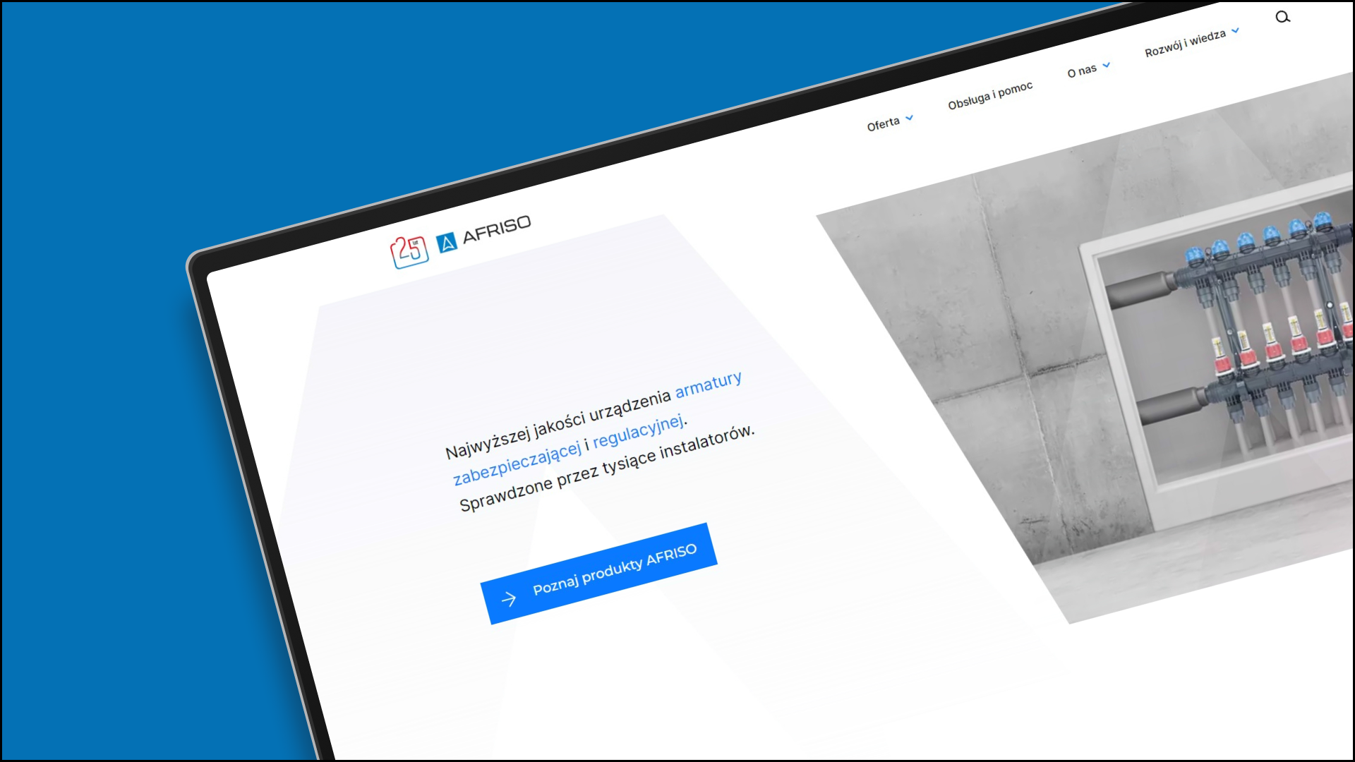 A computer screen displaying a website with a blue and white color scheme, featuring the logo 'AFRISO' in the upper left corner. The webpage showcases a message in Polish about high-quality safety and control devices, verified by thousands of installers, with a call-to-action button labeled 'Discover AFRISO products'. To the right, a partial image of what appears to be industrial control valves or meters on a wall is visible, suggesting the nature of the company's products.