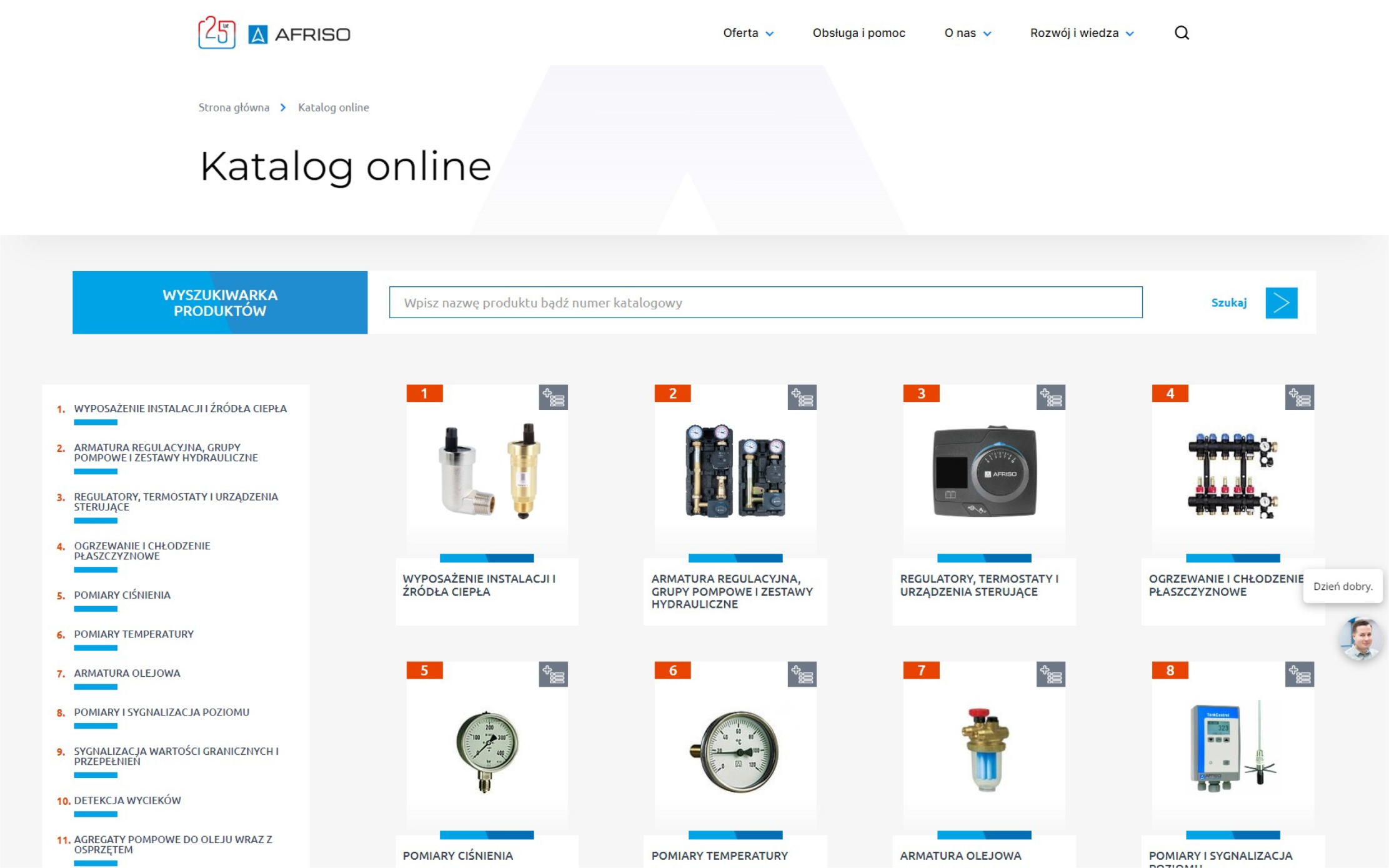 Online catalog page of AFRISO showcasing various precision instruments for heating and plumbing, including search functionality for specific products.