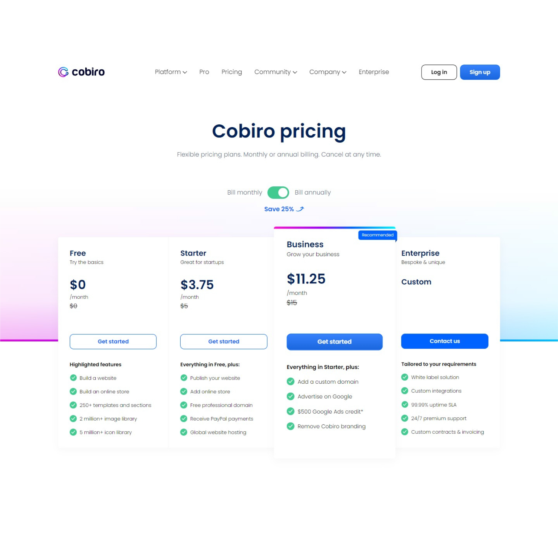 Screenshot showcasing Cobiro's pricing plans on their website, including Free, Starter, Business, and Enterprise options with clear pricing and feature lists for each tier.