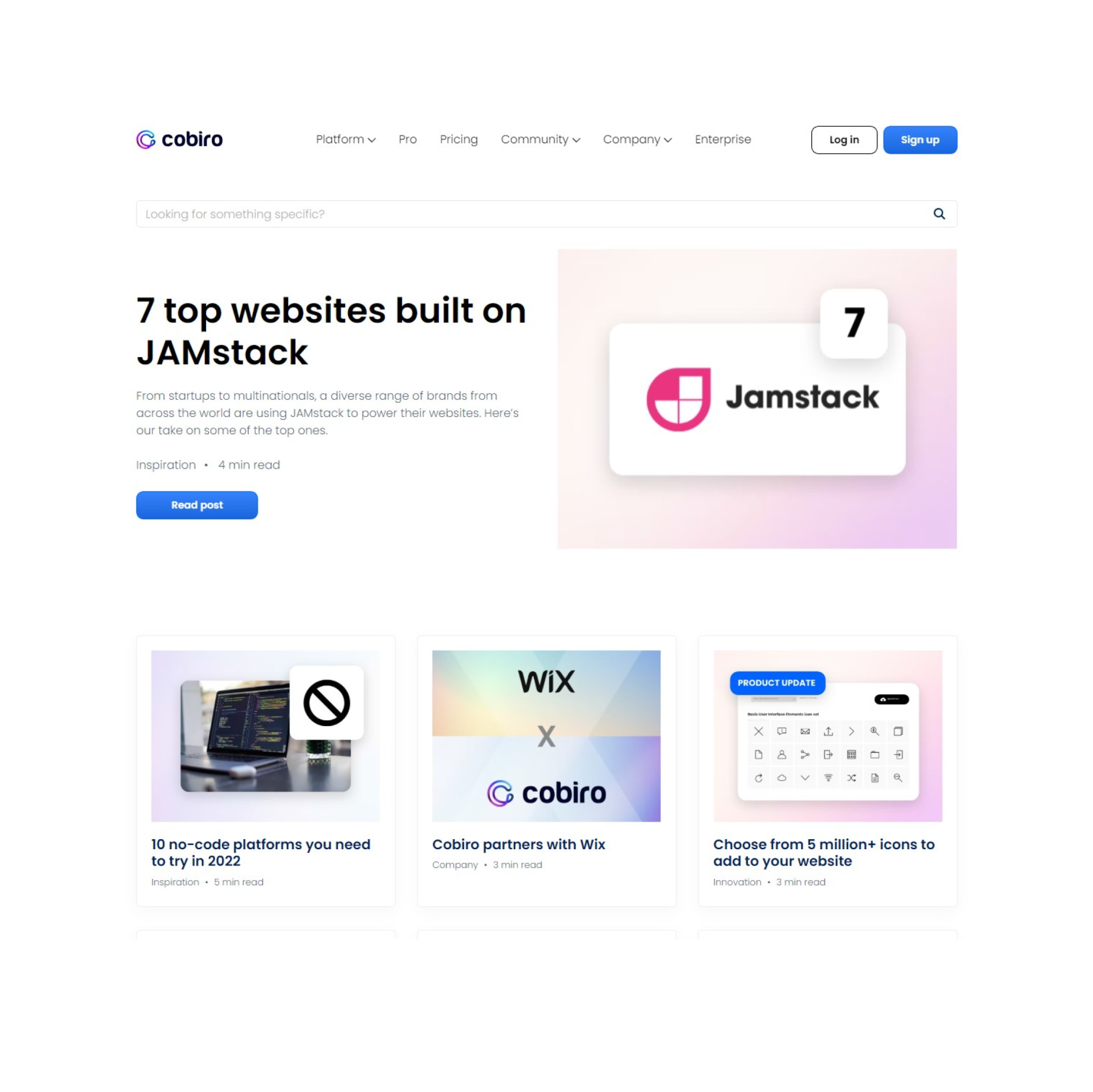 Content from Cobiro's website highlighting a blog post titled '7 top websites built on JAMstack' and other featured articles on tech platforms and partnerships.