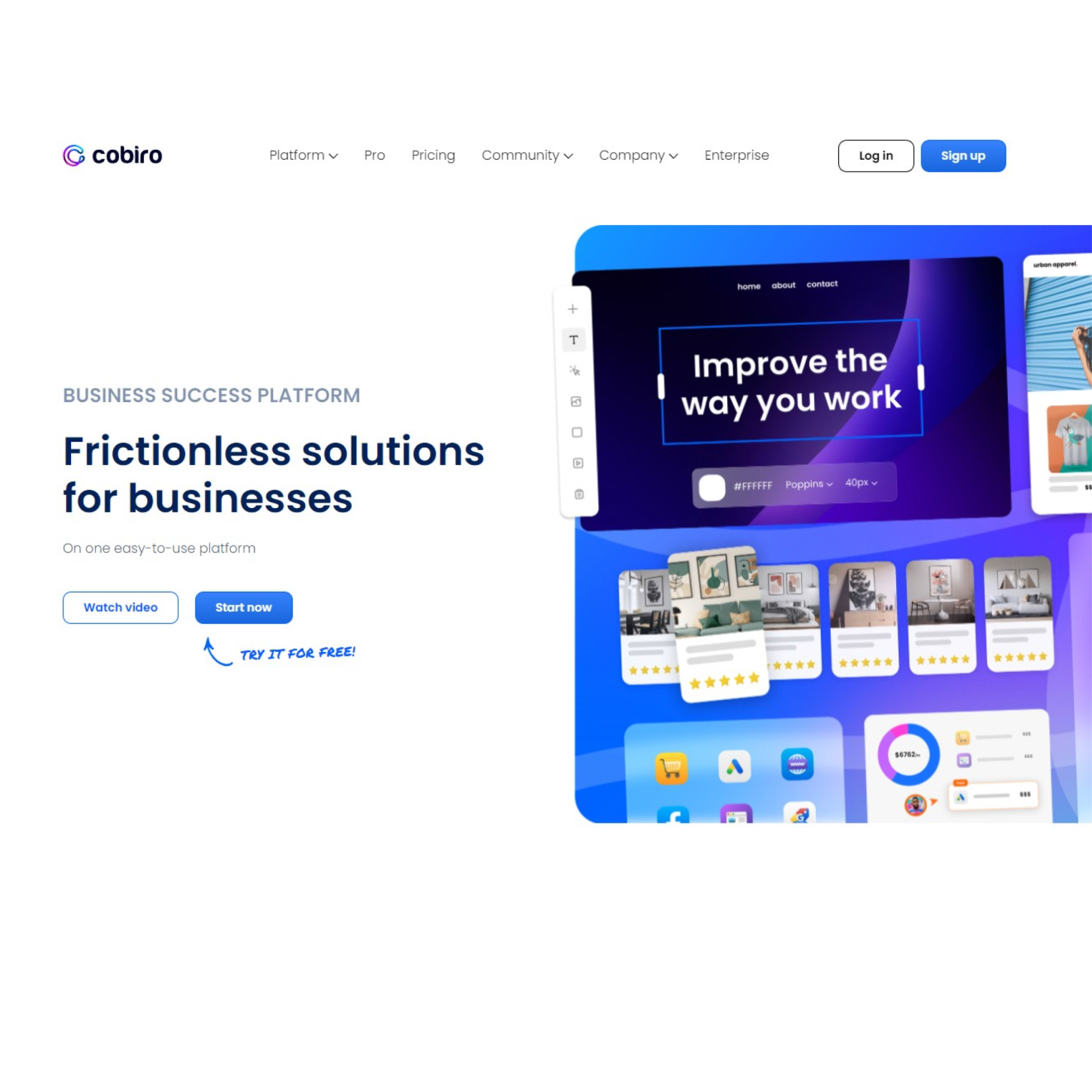 Homepage of Cobiro's website presenting their Business Success Platform, offering frictionless solutions for businesses with an easy-to-use interface.