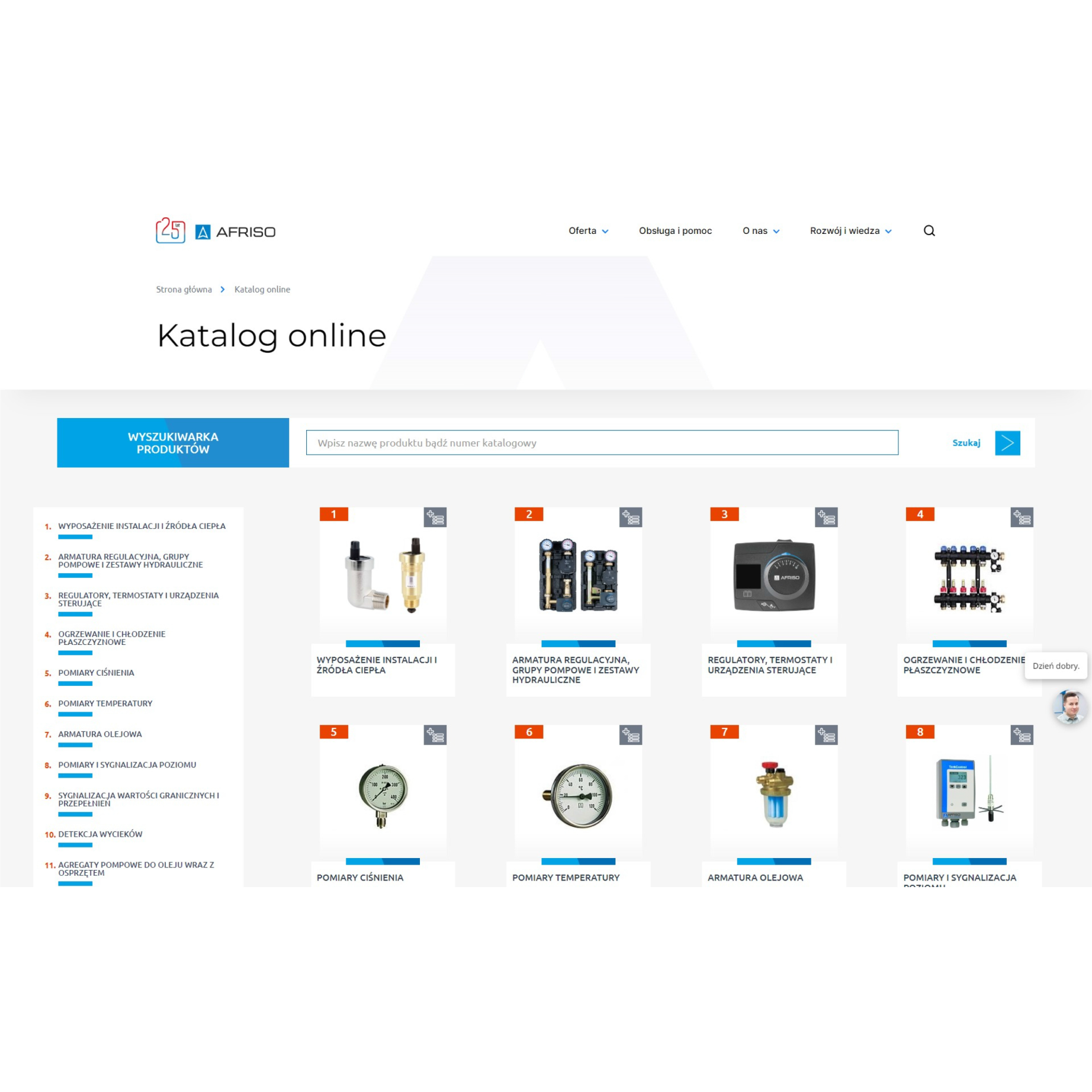 Online catalog page of AFRISO showcasing various precision instruments for heating and plumbing, including search functionality for specific products.