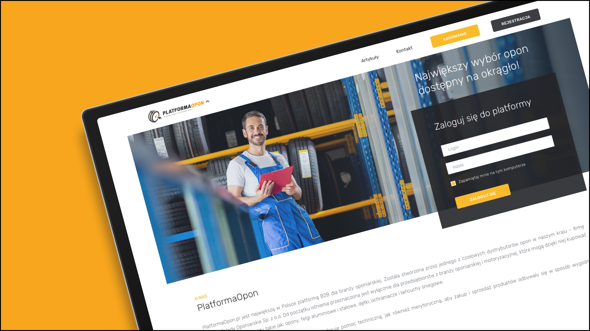 A monitor displaying a web page with a vibrant orange and white color scheme, featuring 'PLATFORMAOPON.PL' at the top left corner. The webpage includes a photo of a smiling worker in blue overalls holding a clipboard, standing in a warehouse with stacks of tires. Below is more Polish text providing information about the platform.