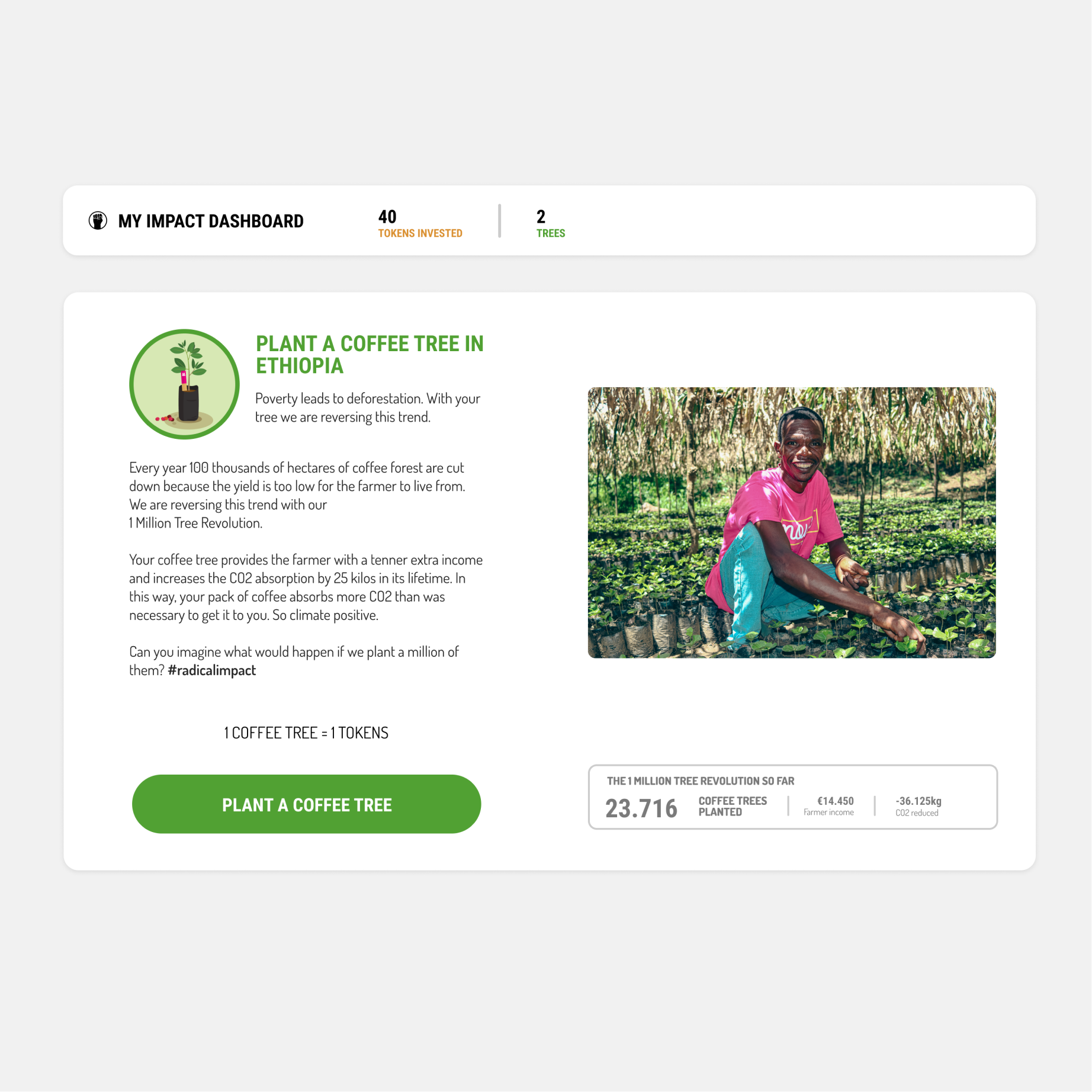 Impact dashboard showing 40 tokens invested and 2 trees planted. Section promoting planting a coffee tree in Ethiopia to combat poverty and deforestation, with details on the positive environmental and social impact.