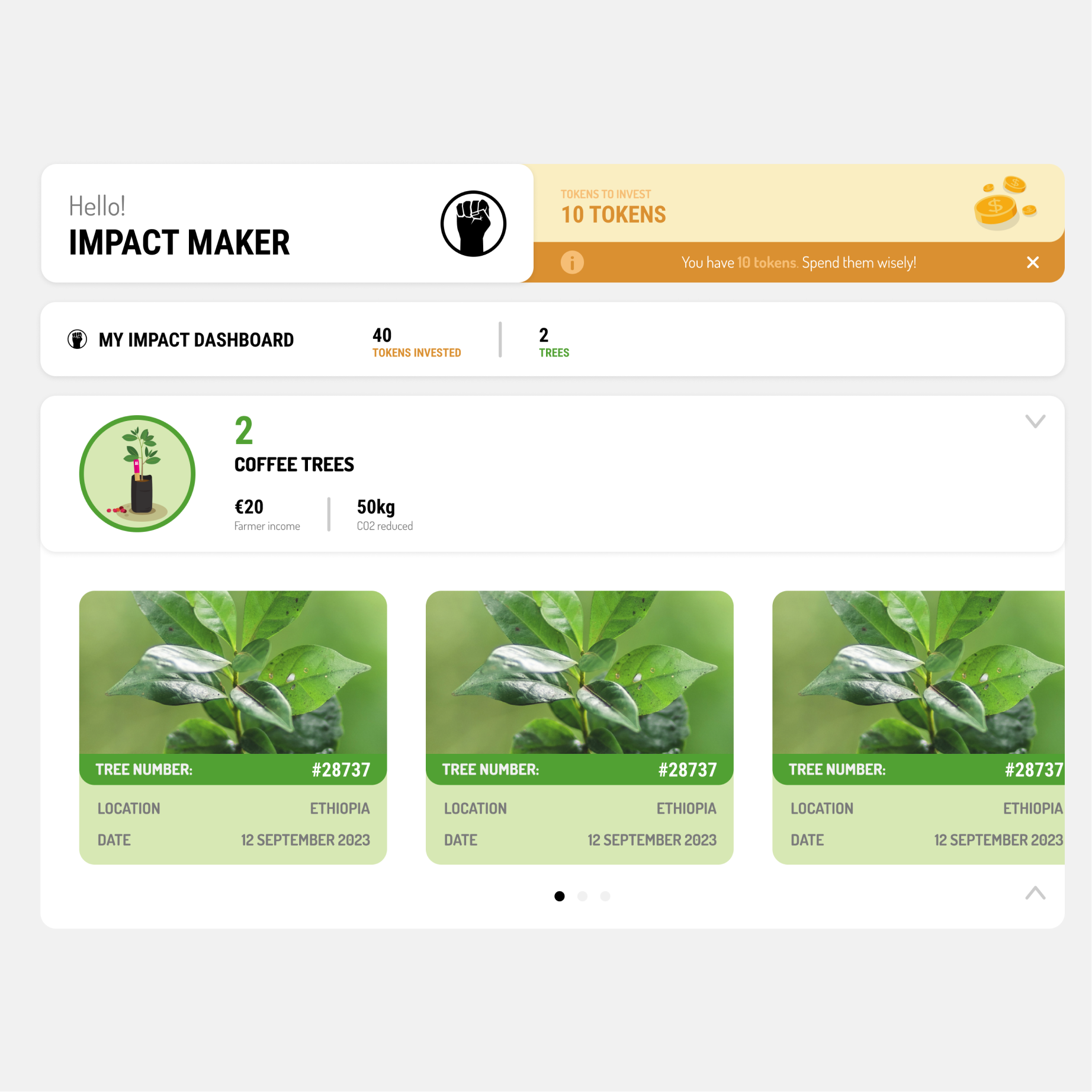 Impact Maker dashboard highlighting 40 tokens invested and 2 coffee trees planted in Ethiopia, with 10 tokens available for further investment. Detailed view of individual coffee trees and their impact.