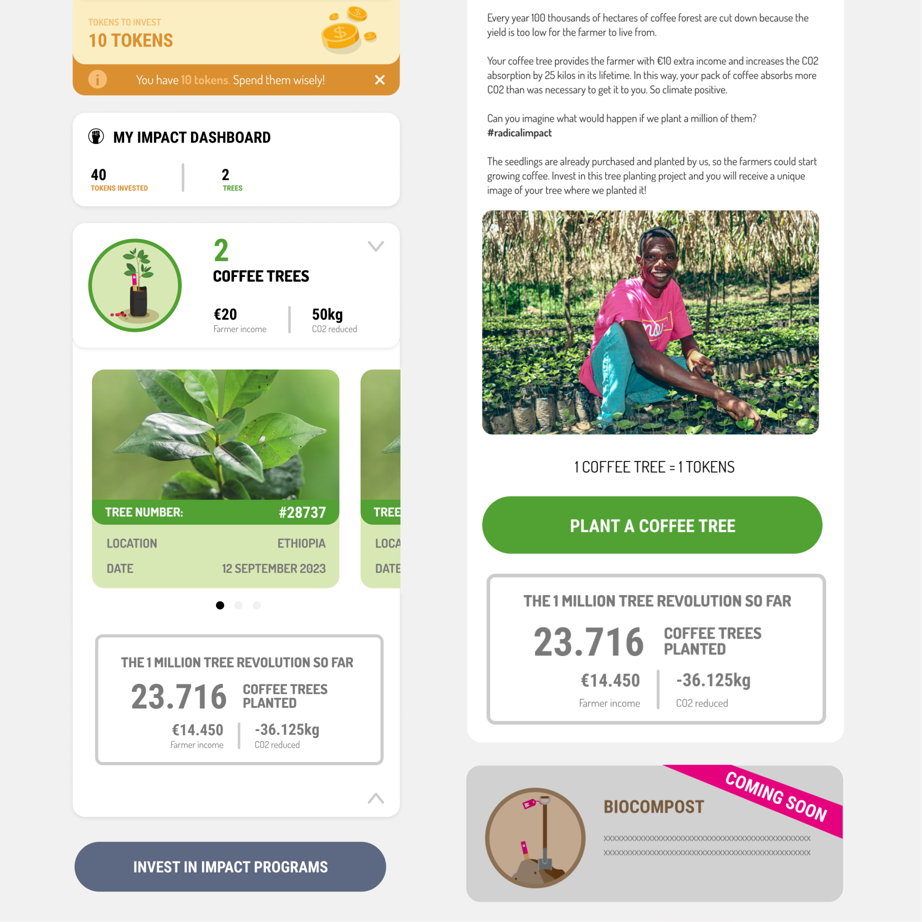 Impact Maker dashboard highlighting 40 tokens invested and 2 coffee trees planted in Ethiopia, with 10 tokens available for further investment. Detailed view of individual coffee trees and their impact.