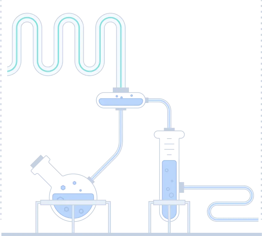 A laboratory with a beaker containing a liquid.