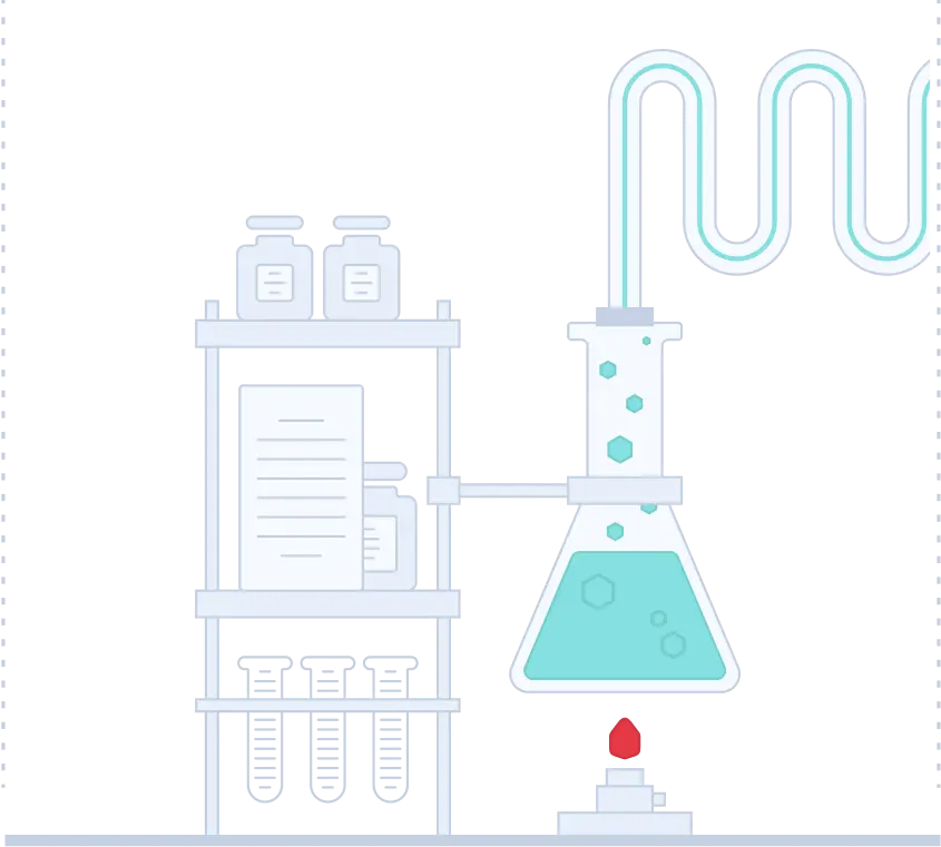 A laboratory with a beaker containing a liquid.