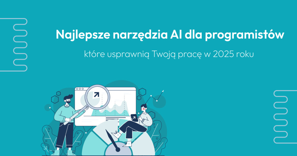 Ilustracja przedstawiająca dwóch programistów analizujących metryki i wydajność oprogramowania za pomocą narzędzi wspieranych przez sztuczną inteligencję, z wykresami i prędkościomierzem. Obraz podkreśla narzędzia AI do kodowania i zwiększania produktywności.