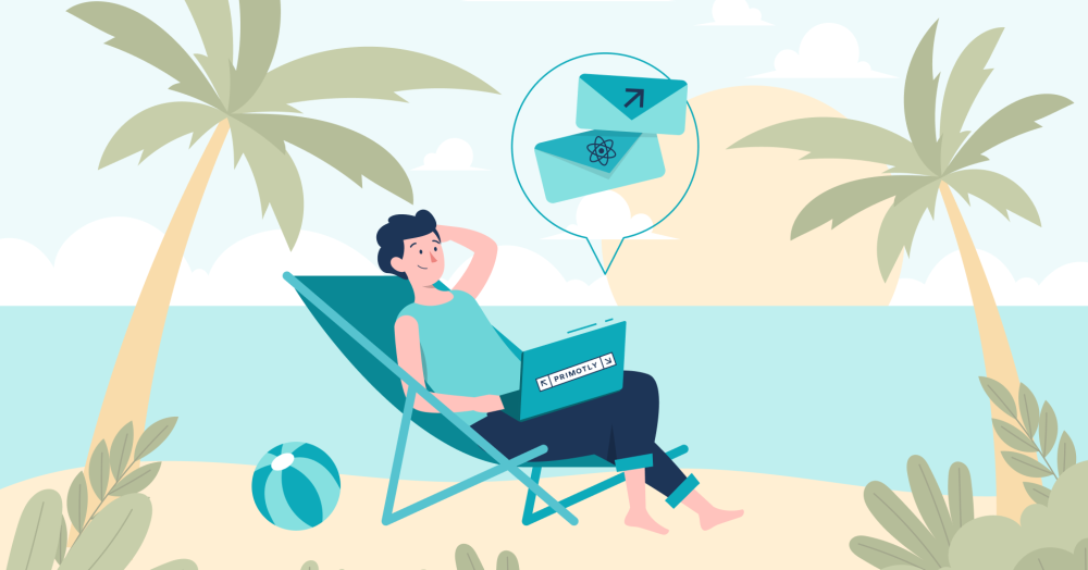 A graphic depicting a person comfortably working on a laptop on a beach chair, with palm trees and a dialogue bubble showing emails, embodying the workation concept.