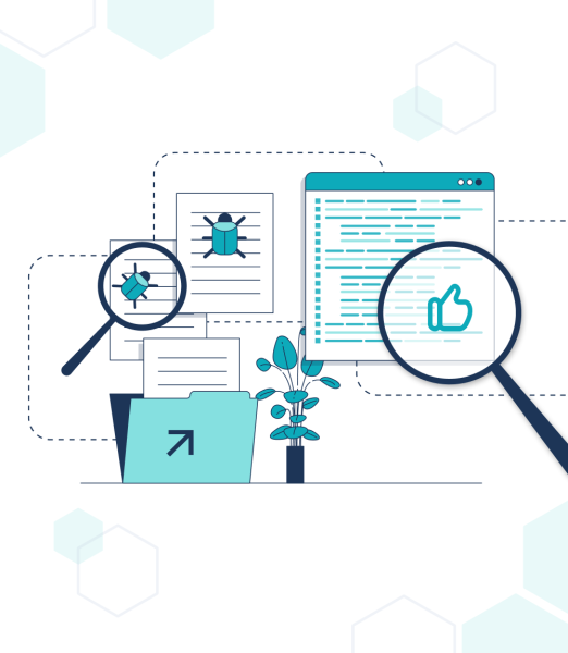 An infographic depicting code review with magnifying glasses inspecting documents and code on a computer screen, emphasizing attention to detail.