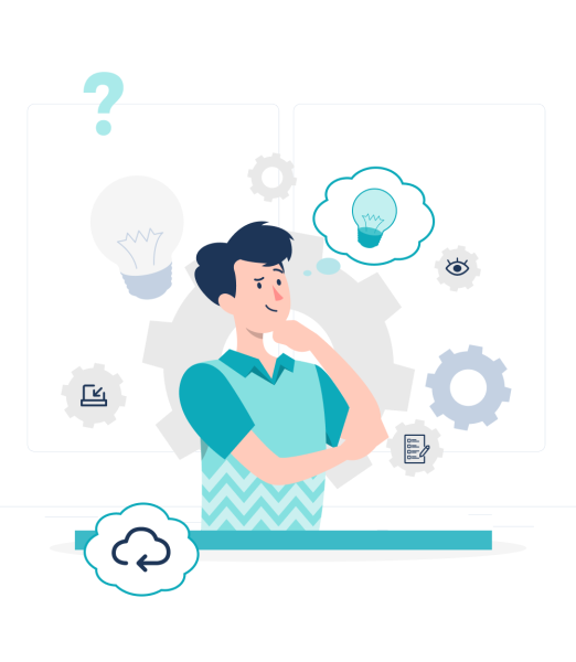 Illustration of a person in a chevron-patterned teal shirt thinking with thought bubbles containing a light bulb and gears, symbolizing the ideation process in design thinking