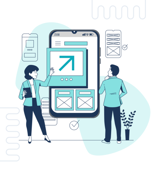 Ilustracja pokazująca ludzi współpracujących przy projekcie wykorzystujących Mobile-First Design. 