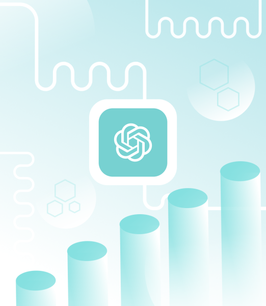 Vertical light blue banner with abstract tech shapes and the ChatGPT logo, perfect for previewing content on how to write impactful prompts for ChatGPT and AI.