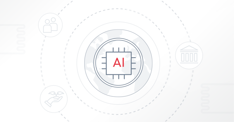 Illustration highlighting the integration of ESG principles and AI technology, showcasing an AI chip and related elements