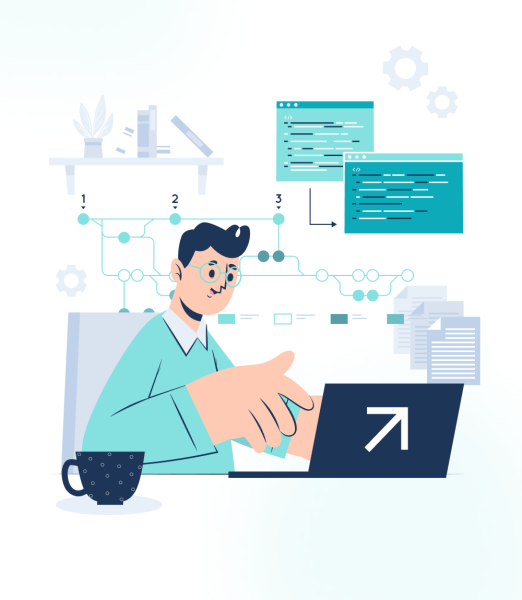 Illustration of a fractional CTO working on a laptop with flowcharts and code screens, highlighting CTO as a service benefits
