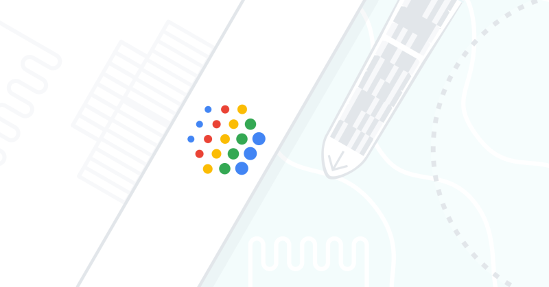 Google AI preview image with colorful dots symbolizing data points in the center, surrounded by abstract depictions of laboratory tools, ships, and infrastructure.