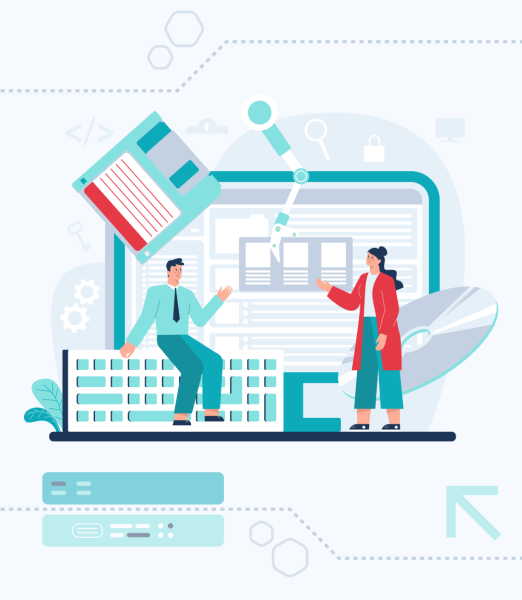 A vivid illustration of a software development scene with two professionals collaborating on code, surrounded by the Symfony logo and digital motifs, perfect for the service side of a software house.