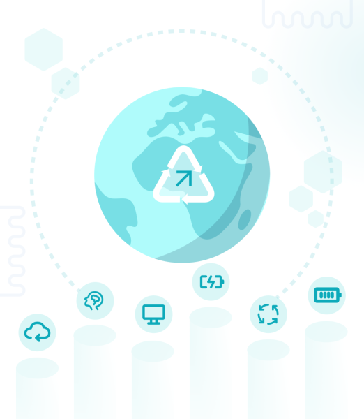 A close-up of the Earth illustration from the previous image, surrounded by a dotted line and recycling symbol, with smaller icons for cloud services, computing, and recycling around it, focusing on sustainability in IT.